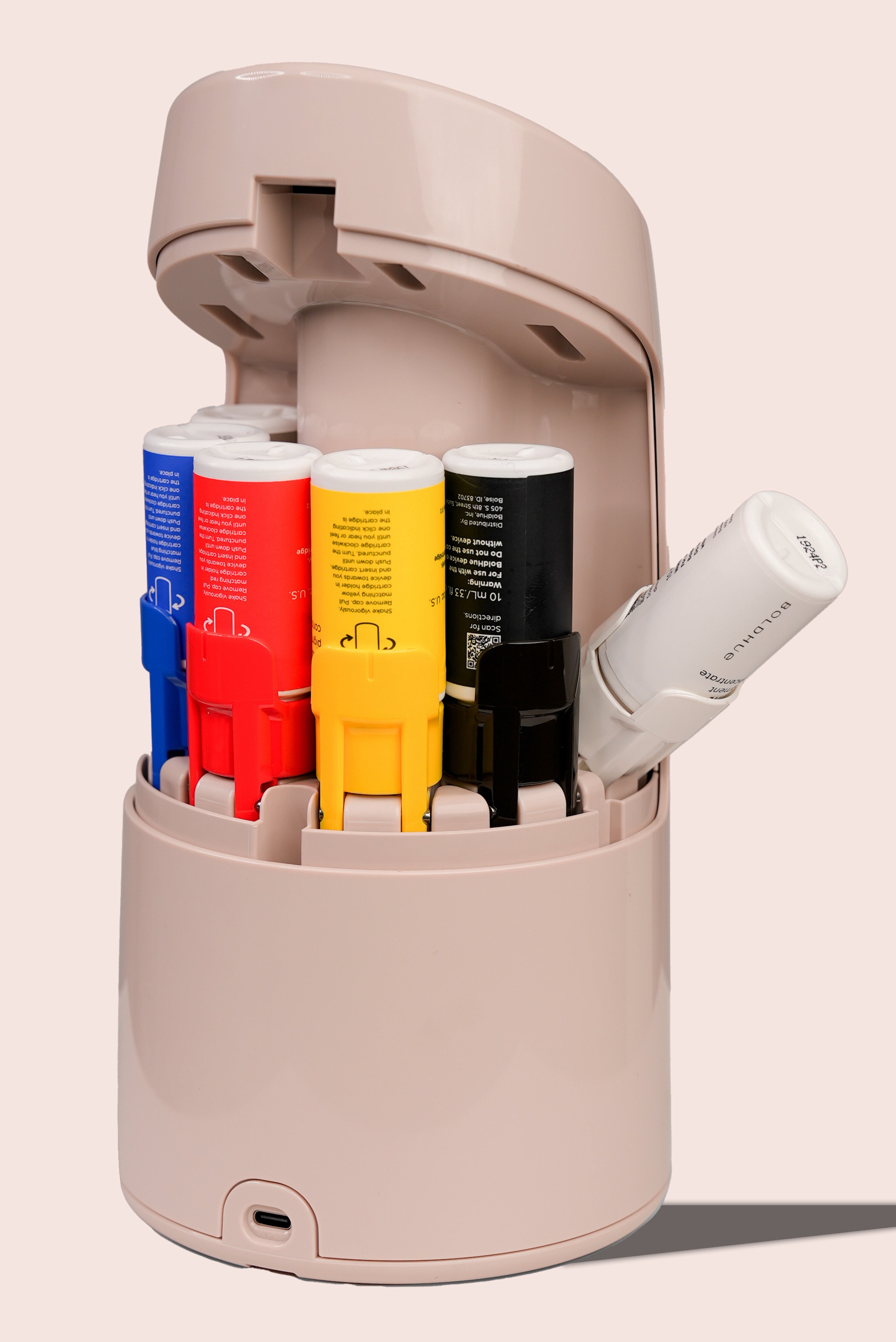 the back of the boldhue device without the back cover showing where the white cartridge is to be installed