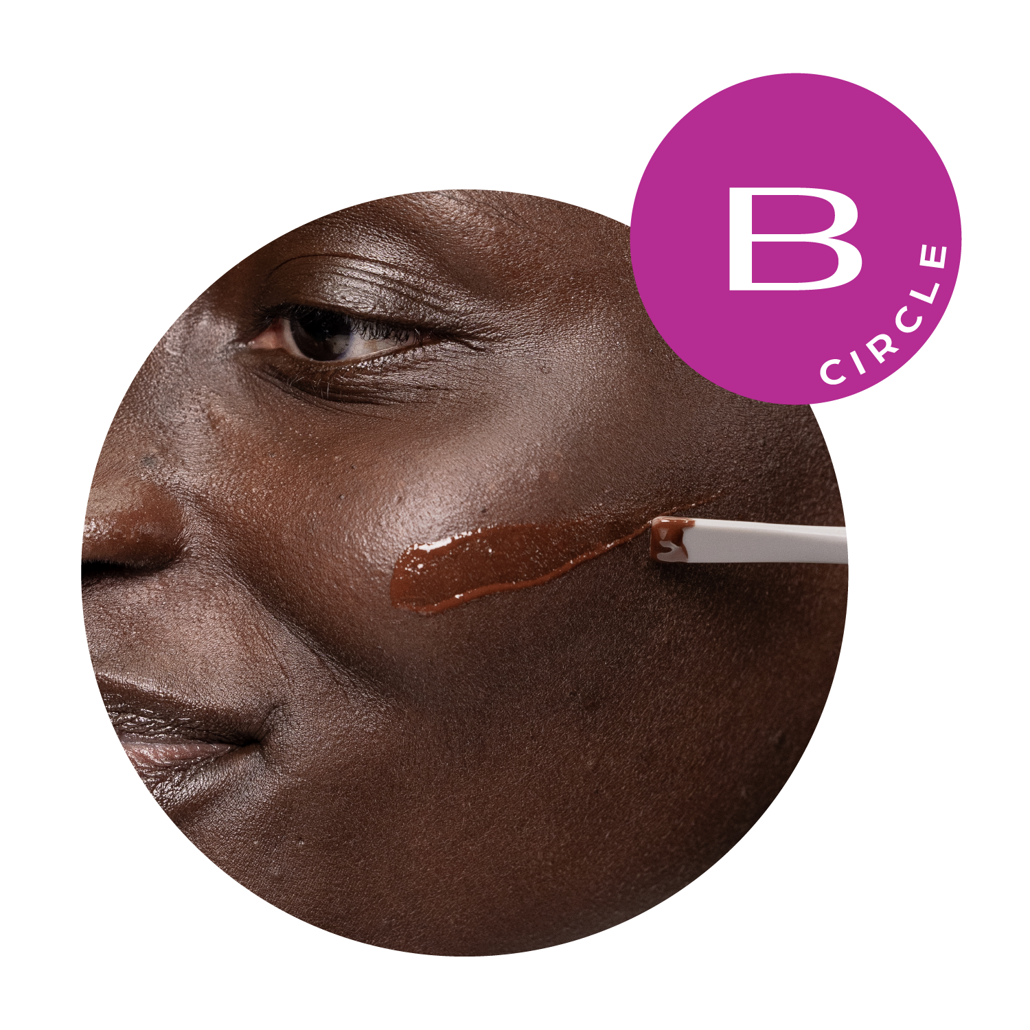 a picture of a female model applying boldhue foundation to her face with a mixing spatula and a logo that says B circle